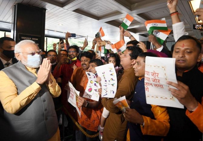 Indian diaspora welcoming Prime Minister Narendra Modi in Japan on May 23, 2022. Photograph: Press Information Bureau of India